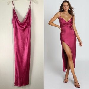 LIONESS Satin Slip Dress Cowl Neck High Slit Sexy Wedding Cocktail Party Pink L